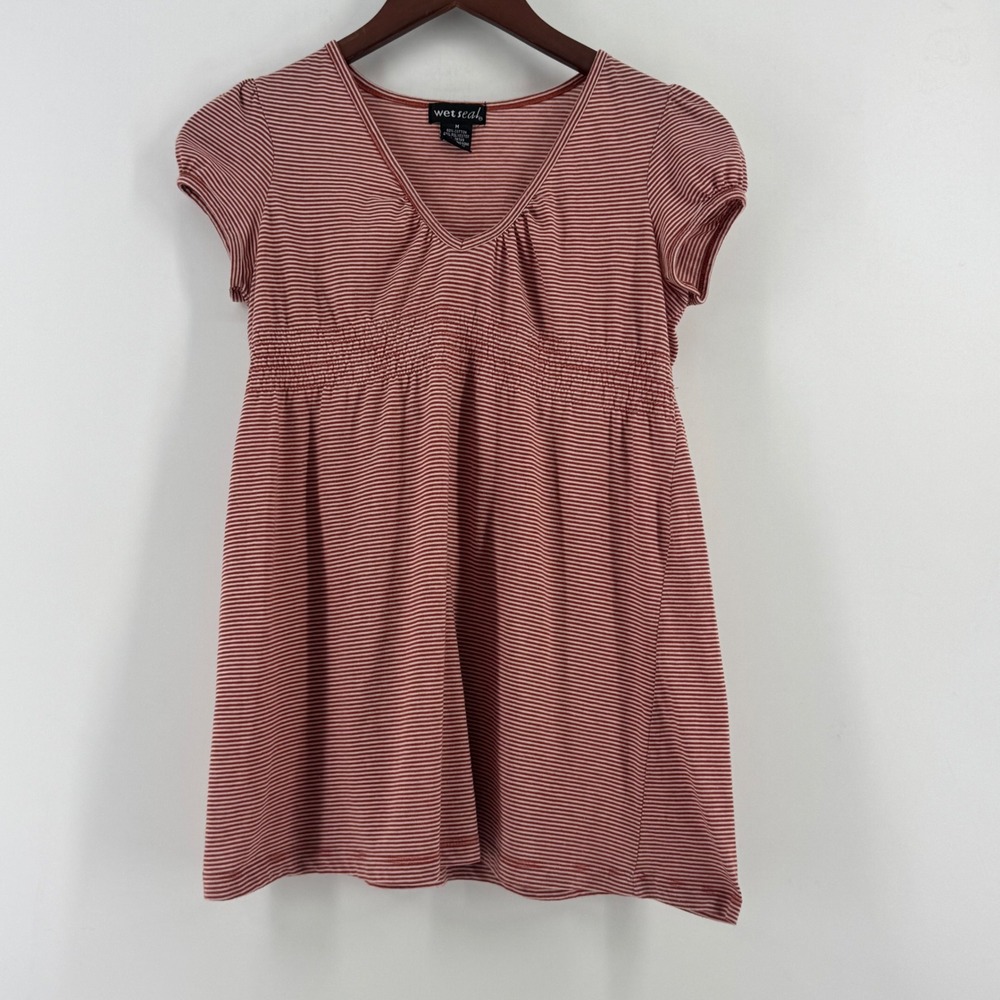 Wet Seal Red White Striped Smocked Empire Waist Babydoll Top Womens Medium y2k